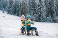 Children sledding, riding a sledge. Children son and daughter play in snow in winter. Outdoor kids fun for Christmas Royalty Free Stock Photo