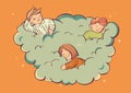 Children sleeping on cloud. Cartoon style vector illustration