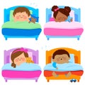 Children sleeping in their beds. Kids sleeping in their bedrooms. Bedtime for little boys and girls. Vector illustration Royalty Free Stock Photo