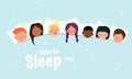 Children sleepover poster in pyjama party style. World sleep day