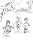 Graphic drawing of little girl and boy with fairy tale princess in snowy forest Royalty Free Stock Photo