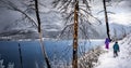 Children snowshoeing a winter hiking trail in Waterton National Park