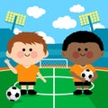 Children soccer players in a stadium. Vector illustration