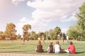 Children Soccer Team Playing Match. Football Game for Kids. Young Soccer Players Sitting on Pitch. Little Kids in Blue