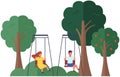 Children spend time together in city park. Boy and girl riding swing. People have fun and play Royalty Free Stock Photo