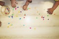 Kids group making arts and crafts in kindergarten. Children spending time in day care centre with the great interest