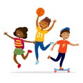 Children sport activities concept vector flat illustration. Cheerful kids walking, having party and doing activities