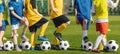 Children with Sports Ball Standing in Row at Training Class. Kids Practicing Soccer on Grass Venue Royalty Free Stock Photo