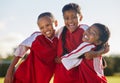 Children, sports and soccer with a girl team on a sports field for football, fitness and exercise. Kids, training and Royalty Free Stock Photo