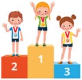 Children sportsmen in sport clothes with medals for victory stan Royalty Free Stock Photo