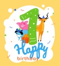 Children 1st birthday greeting card vector template Royalty Free Stock Photo