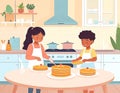 Children stack pancakes in bright kitchen Royalty Free Stock Photo