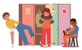 Children Stand By Kindergarten Lockers, Giggling And Chatting As They Dress In Colorful Outfits, Vector Illustration