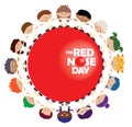 Children standing in circle around Red Nose Day sign