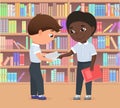 Children standing in library or bookstore together, kids study, learning difficulties