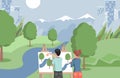 Children standing on shore of lake and drawing landscape vector flat illustration. Girl and boy studying drawing. Royalty Free Stock Photo