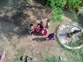 Children are standing in side a tree in holi festival in India