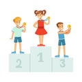 Children standing on the winner podium with medals,happy athletes kids on pedestal cartoon vector Illustration
