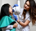 Children stomatologist makes dental procedure x-ray machine. Panoramic radiography for asian kid girl with dentist equipment