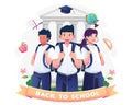 Children in student uniforms with backpacks are ready to go back to school. Vector illustration Royalty Free Stock Photo