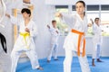 Children students repeat position and perform sequence of punches and painful techniques kata