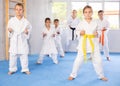 Children students repeat position and perform sequence of punches and painful techniques kata