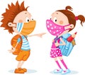 Children Students with Respirator Mask - Protection Against Viral Infection - Vector Illustration