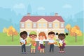 Children students stand in front of school building, diverse group of kids ready to study Royalty Free Stock Photo