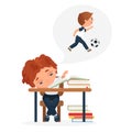 Children study hard, education problem of bored kid, tired boy sitting at school books Royalty Free Stock Photo