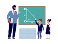 Children study in school. Kids lesson with teacher, cartoon boy girl in uniform standing at chalkboard in classroom Royalty Free Stock Photo