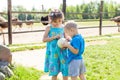 Children are studying an ostrich egg on an ostrich farm