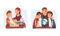 Children studying with parents at home together set. Mother and father helping children with homework cartoon vector