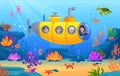 Children in submarine. Kids in sailor bathyscaphe explore underwater life, cartoon cute boat with child look on sea fish