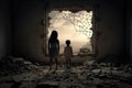 Children Suffer In Ruined House, Symbolizing Wars Destruction