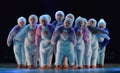 Children in a suit of penguins dance on a stage, Children`s danc