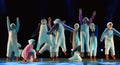 Children in a suit of penguins dance on a stage, Children`s danc