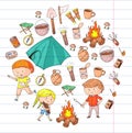 Children summer camping Kindergarten, school vacation with kids Summer and sping outdoor adventure Kids drawing style