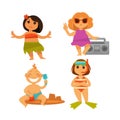 Children summer relax vector icons of kids on beach holiday