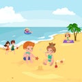 Children summer vacation. Kids Playing sand around water on beach Royalty Free Stock Photo