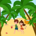 Children summer vacation. Kids Playing sand around water on beach Royalty Free Stock Photo