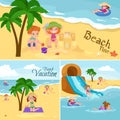 Children summer vacation. Kids Playing sand around water on beach Royalty Free Stock Photo