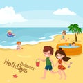 Children summer vacation. Kids Playing sand around water on beach Royalty Free Stock Photo