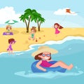 Children summer vacation. Kids Playing sand around water on beach Royalty Free Stock Photo