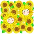 Children and sunflowers. Vector.