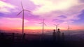 Children at sunset watching the wind power stations work Royalty Free Stock Photo