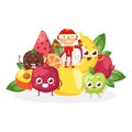 Children superhero character, stand fruit, berry, food for strong kid, vitamin, healthy, isolated on white, flat vector