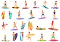 Children surfing icons set cartoon vector. Wave surfer kid