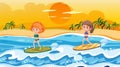 Children surfing on waves scene