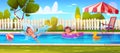 Children swim in pool on backyard garden cartoon Royalty Free Stock Photo