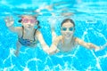 Children swim in pool under water, happy active girls in goggles have fun, kids sport